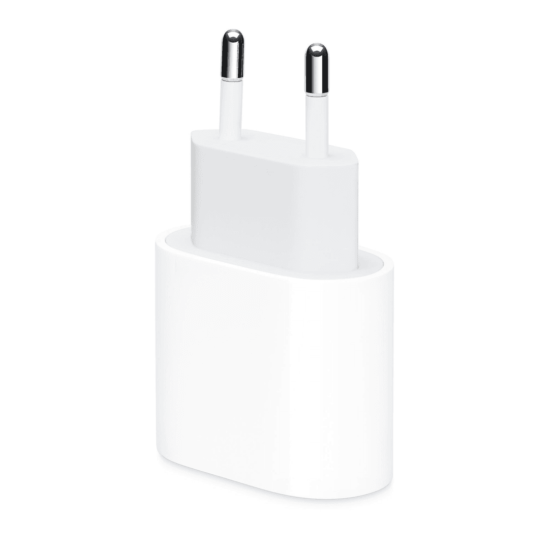 Weißes Apple-Ladegerät mit zwei Stiften und kompaktem Design.