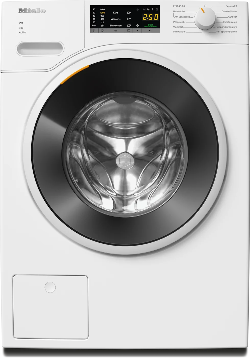 Weiße Miele Waschmaschine mit schwarzem Bullauge und Display, auf weißem Hintergrund.