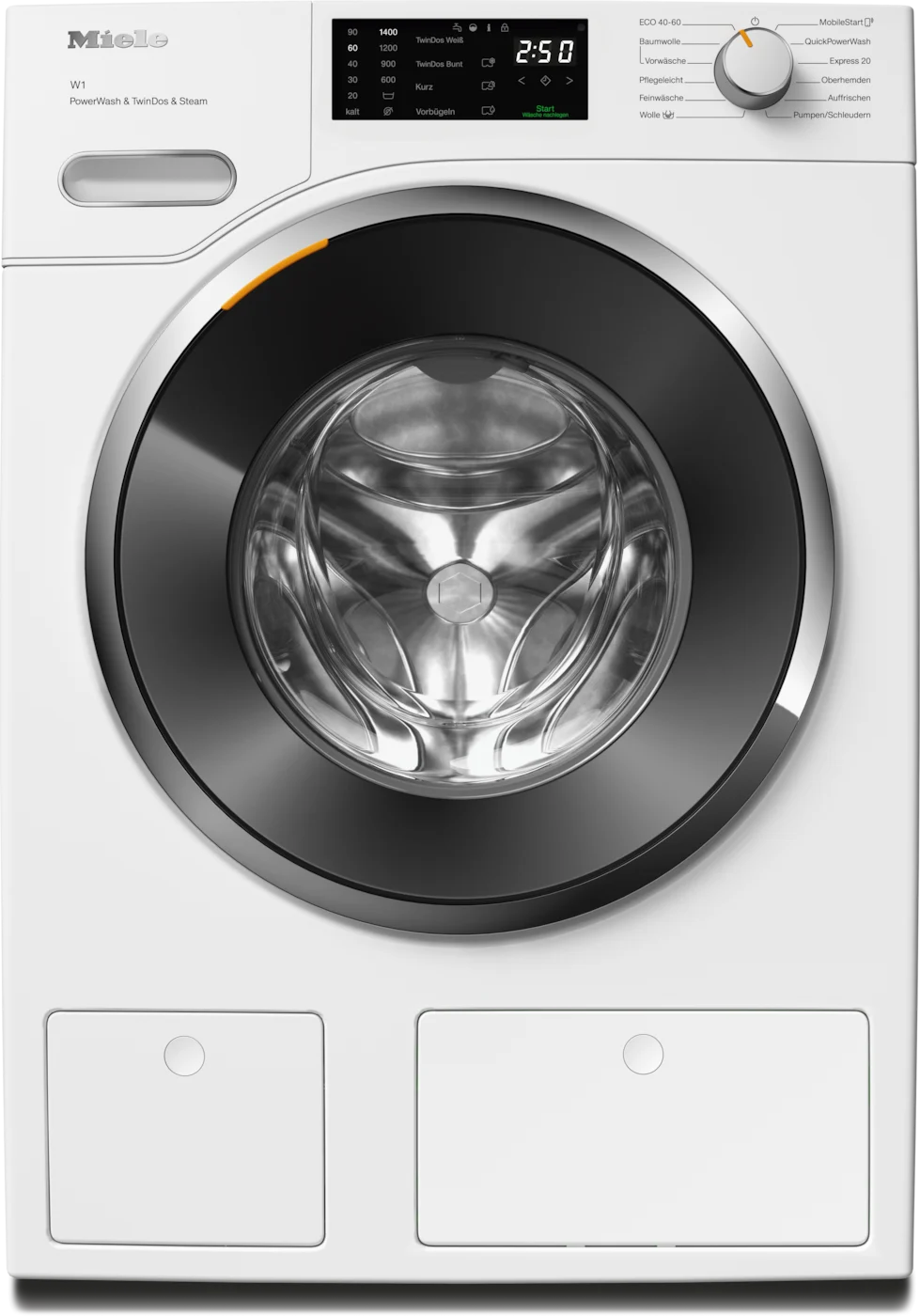 Weiße Miele Waschmaschine mit schwarzer Tür, Digitalanzeige und Bedienelementen.
