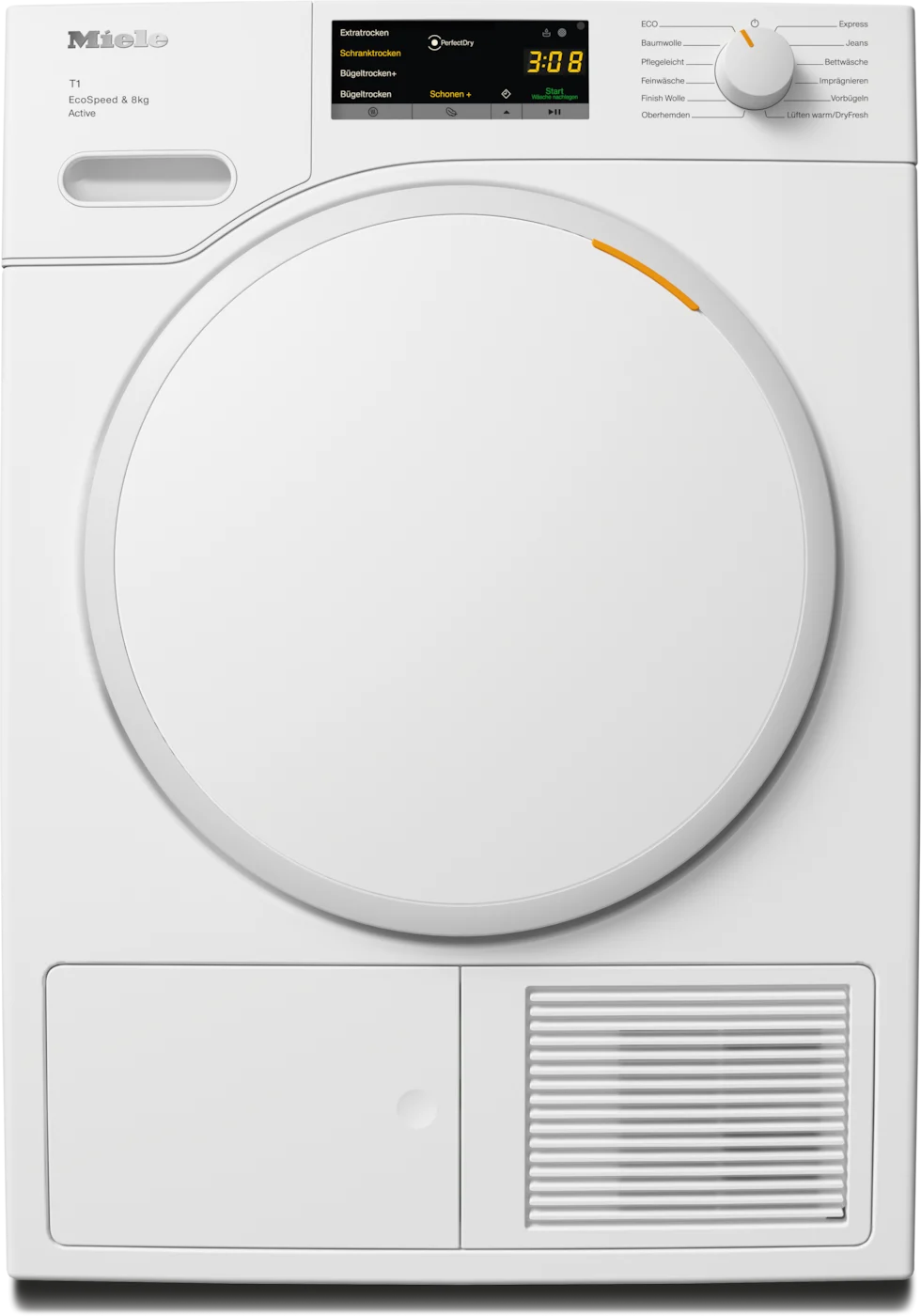 Weißer Miele T1 EcoSpeed & 8kg Active Trockner mit runder Tür. Er hat einen Bildschirm mit der Zeit.