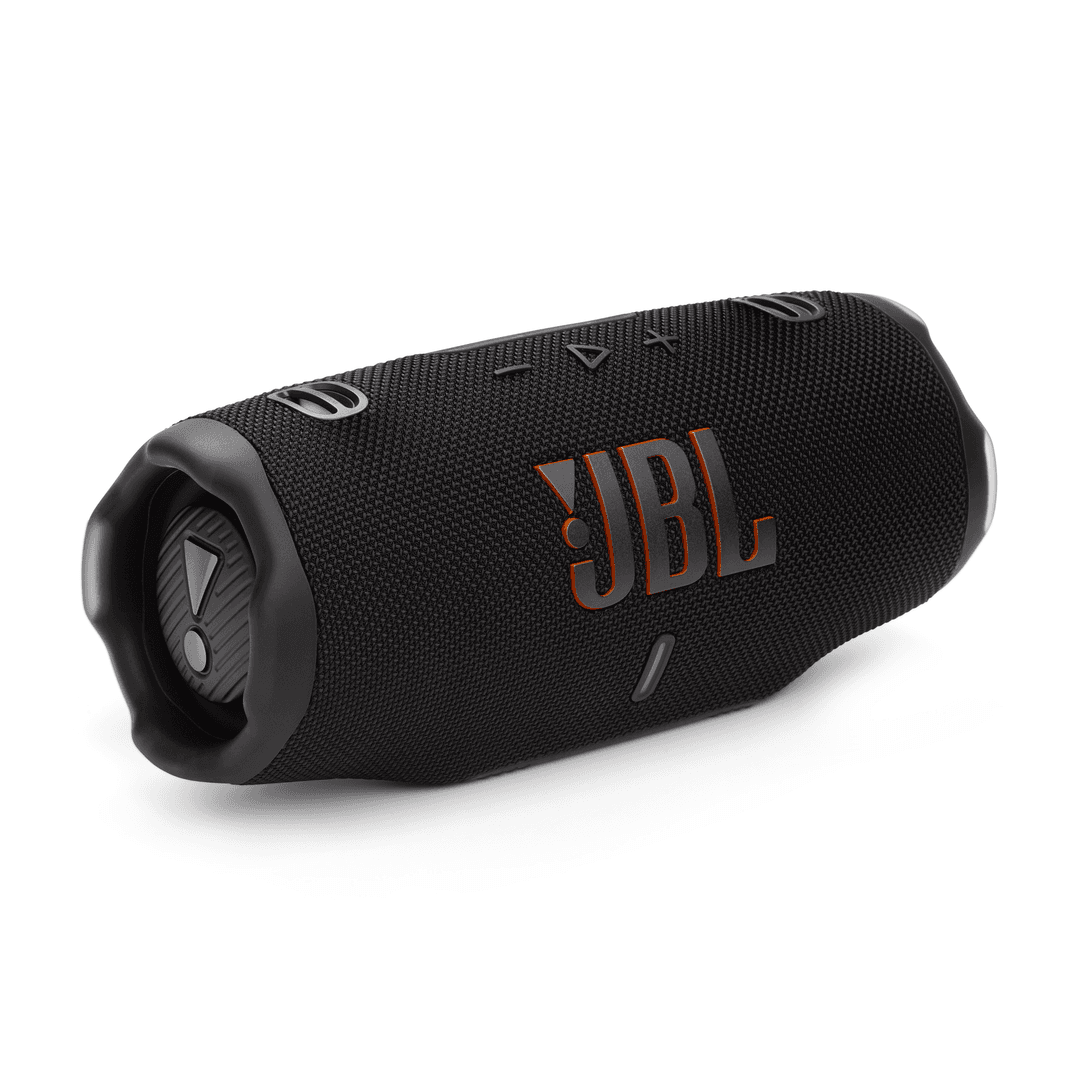 Schwarzer JBL-Lautsprecher mit orangefarbenen Akzenten und Bedienfeld auf weißem Grund.