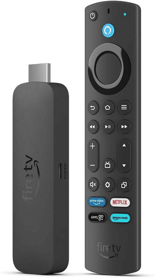Fire TV Stick und Fernbedienung, zeigen das Design und das Logo der Marke.