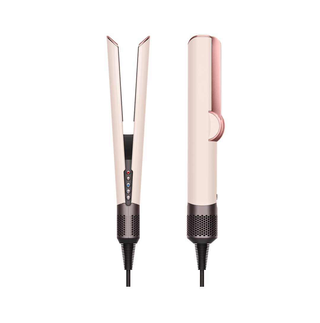 Haarglätter, beige mit roségoldenen Akzenten, mit schwarzem Netzkabel und Mesh-Bereich.