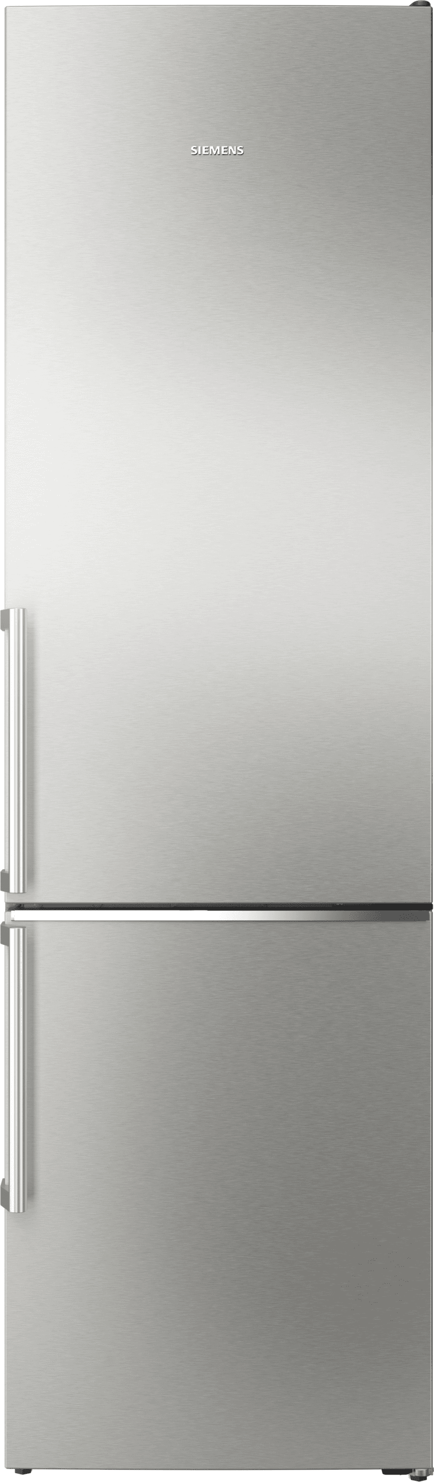Ein Siemens-Kühlschrank aus Edelstahl. Er hat zwei Sektionen, die obere ist größer. Silberne Griffe. Der Markenname steht oben.