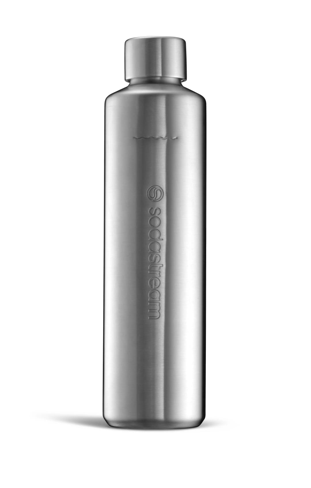 Gebürstete silberne SodaStream-Flasche mit vertikal angebrachtem Markennamen.