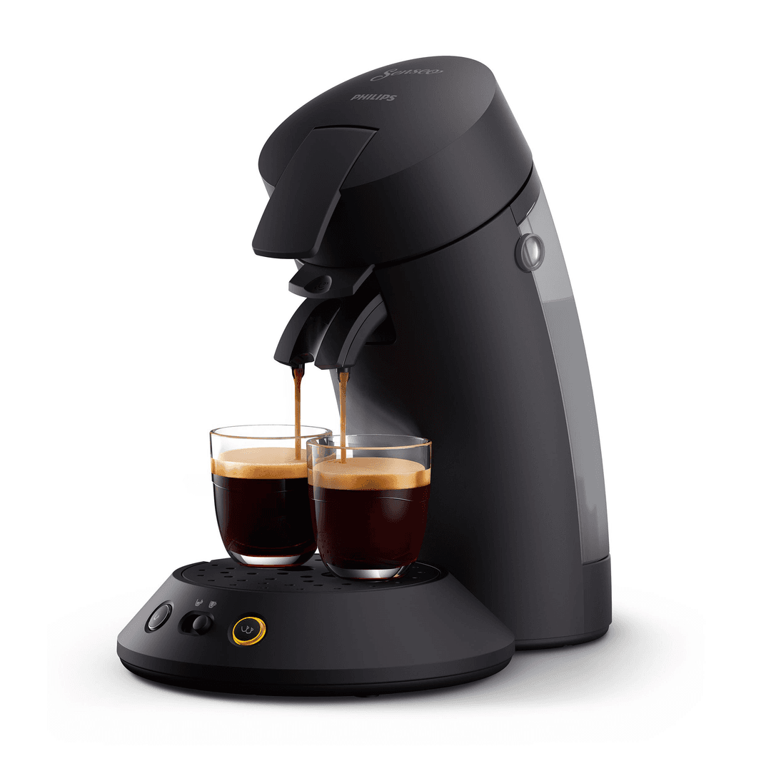 Schwarze Senseo Kaffeemaschine, die Kaffee in zwei Gläser brüht.