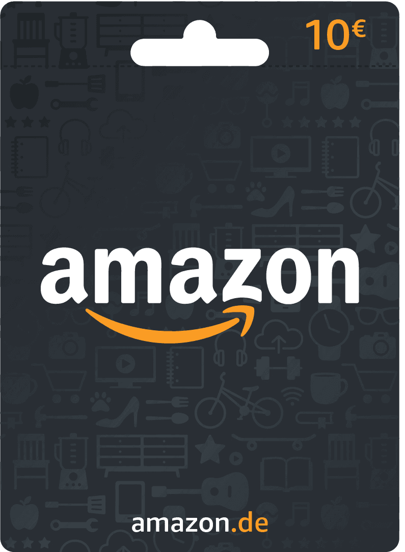 Eine Amazon-Geschenkkarte, dunkelgrau mit Symbolen. Das Amazon-Logo ist weiß, mit einem orangefarbenen Pfeil. Oben rechts steht 10€.