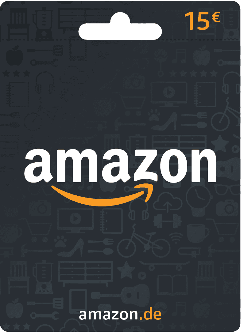 Eine Amazon-Geschenkkarte mit einem Wert von 15 €. Das Amazon-Logo ist sichtbar. Der Hintergrund hat Symbole.