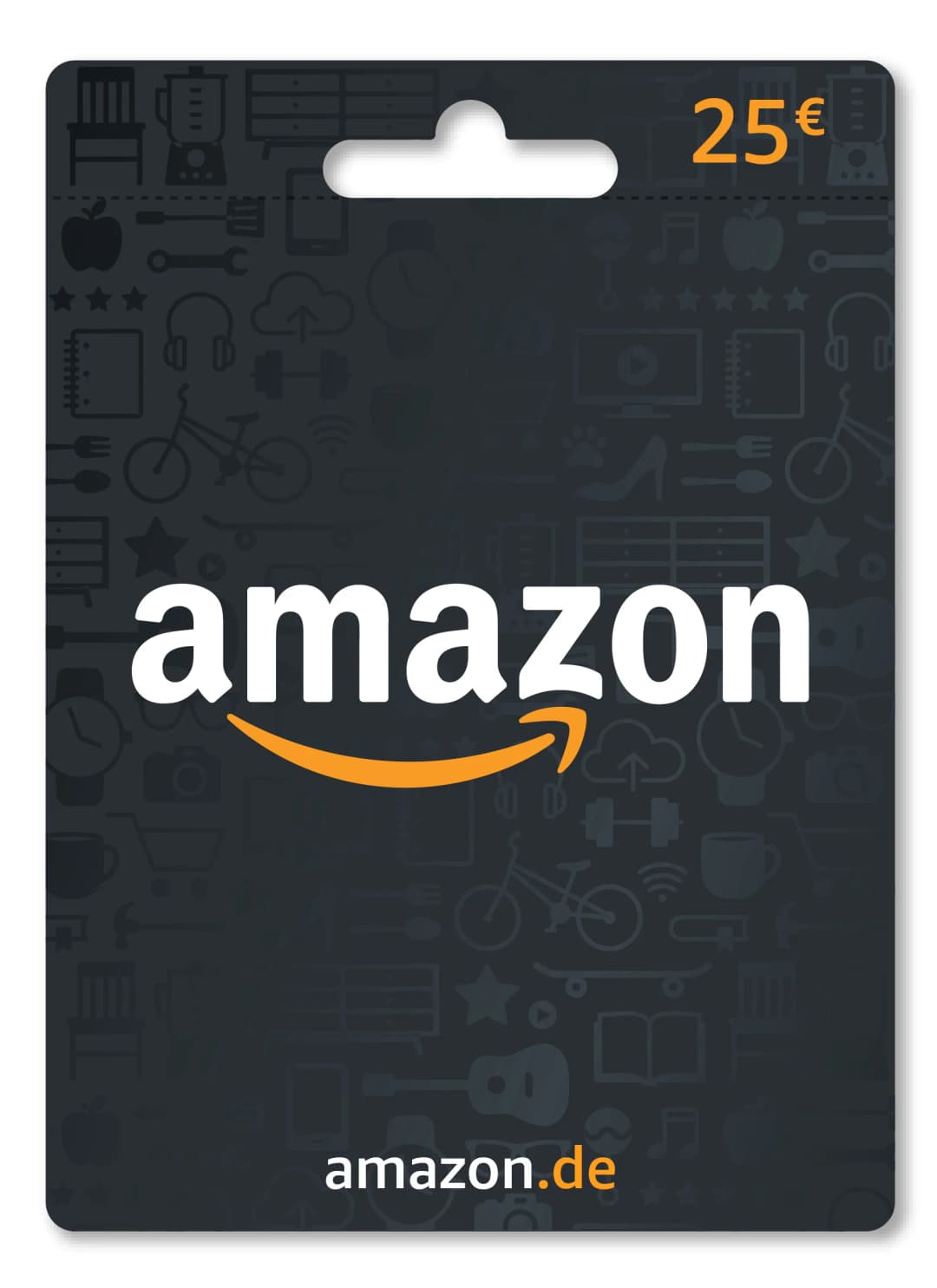 Eine Amazon-Geschenkkarte mit dunkelgrauem Hintergrund. Das Amazon-Logo ist prominent, mit einem Wert von 25€.