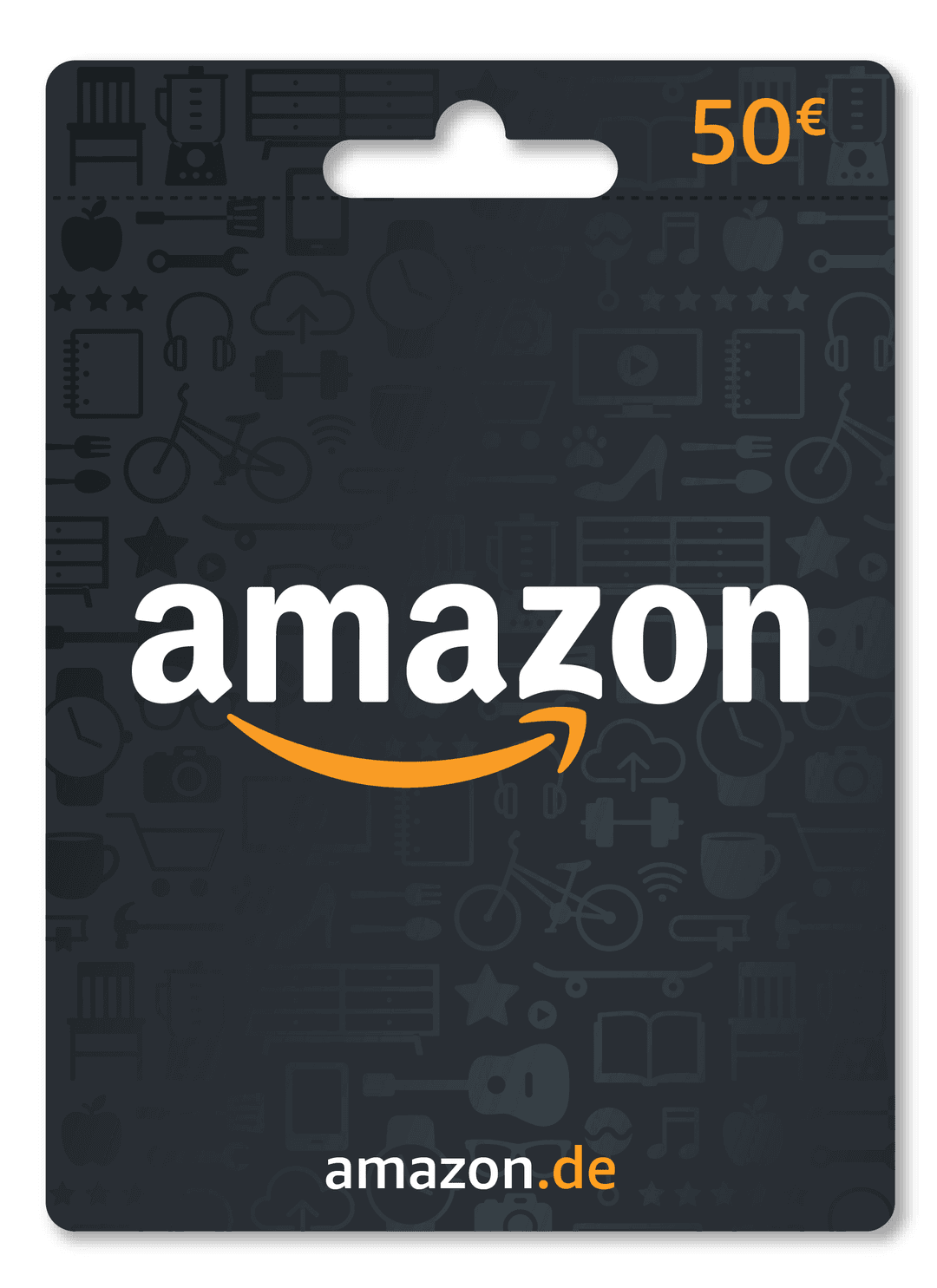 Eine Amazon-Geschenkkarte mit dunklem Hintergrund, weißem Amazon-Logo und orangefarbenem Pfeil. Oben rechts: 50€, amazon.de unten.