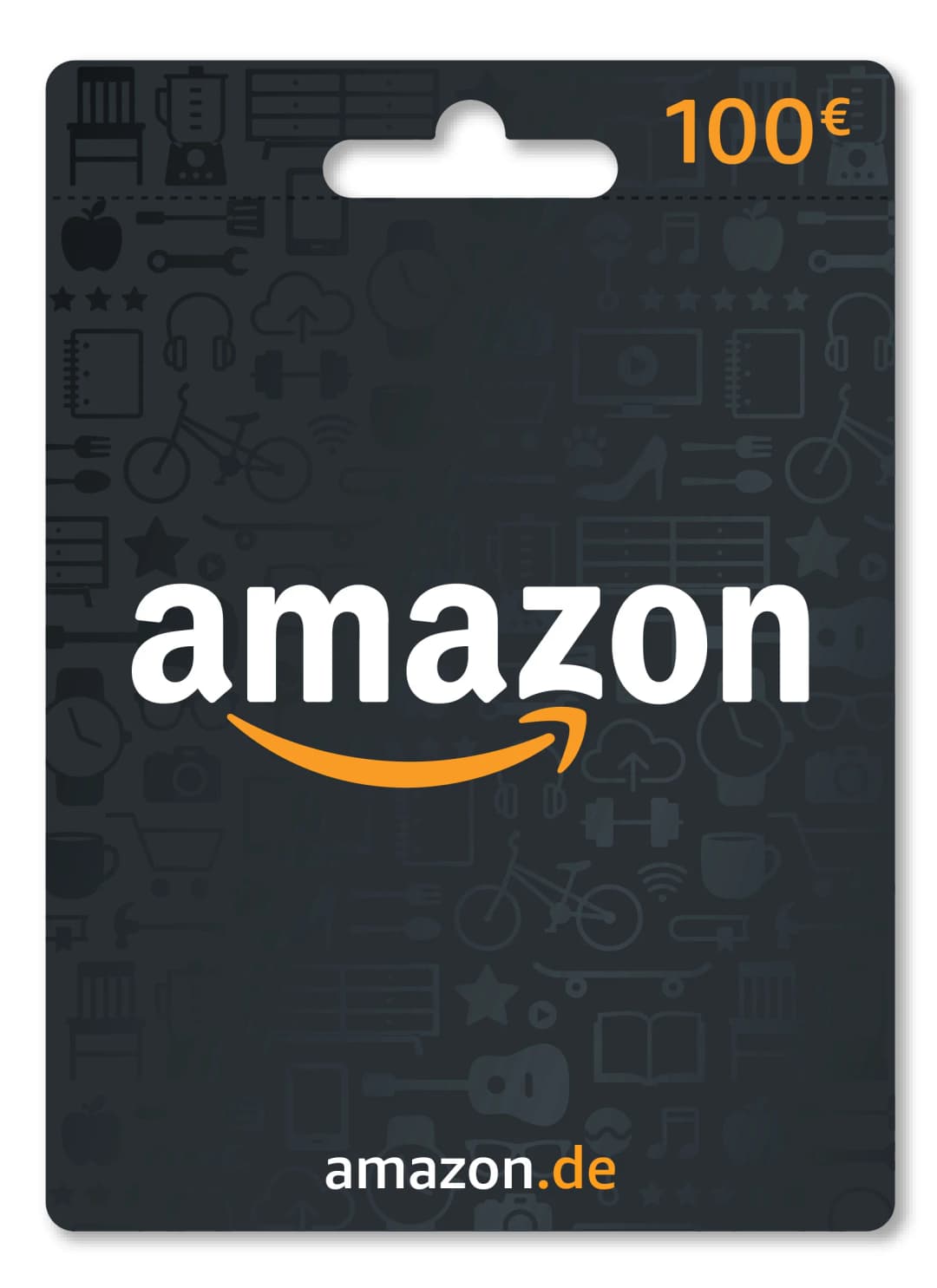 Eine Amazon-Geschenkkarte. Das Amazon-Logo ist prominent, darunter ein gebogener orangefarbener Pfeil. Die Karte ist dunkelgrau.