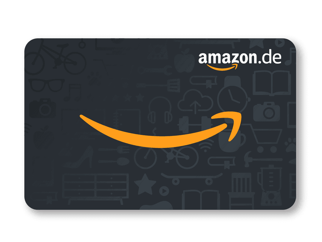 Amazon.de-Geschenkkarte mit orangefarbenem Pfeillogo auf dunklem Hintergrund mit verschiedenen Artikelsilhouetten.