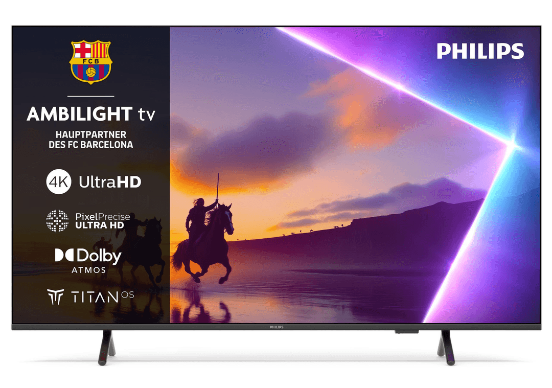 Philips-Fernseher mit Barcelona-Logo, Bild von Rittern und Text.