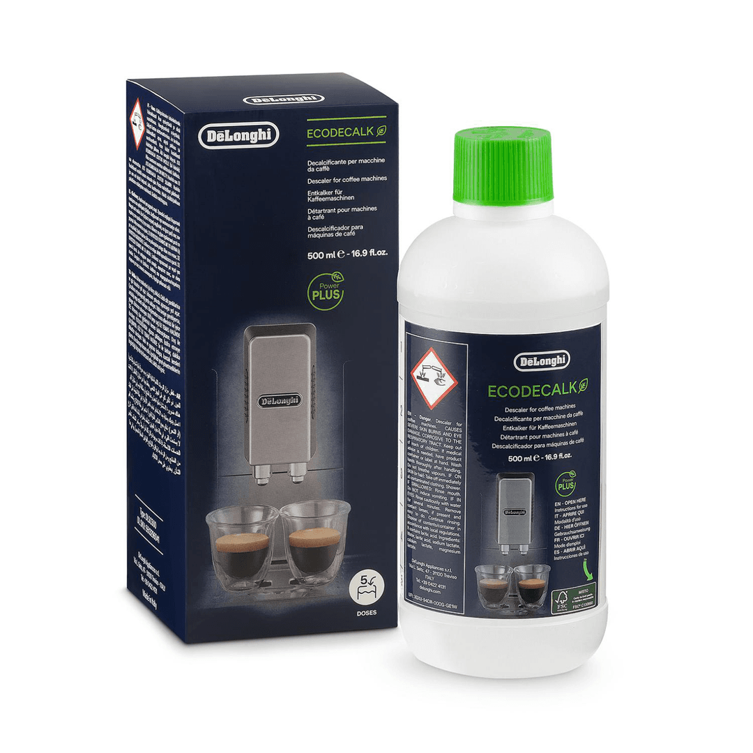 Flasche De'Longhi Ecodecalk Entkalker mit Produktinformationen und zwei Kaffeetassen.