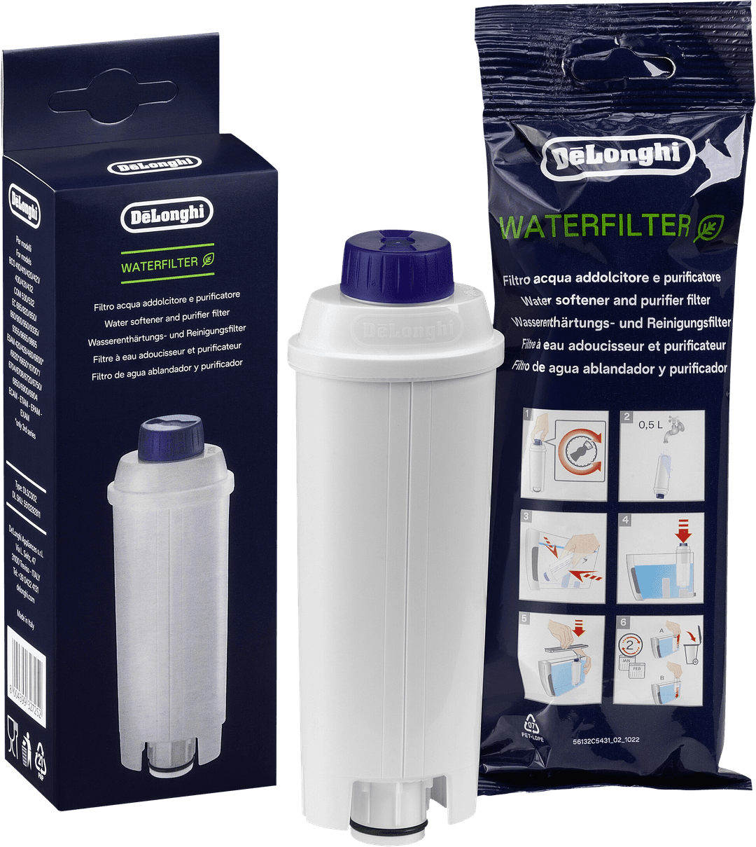 Drei Wasserfilter und Verpackung. Blaue und weiße Filter, eine Box und ein Beutel mit Anweisungen.