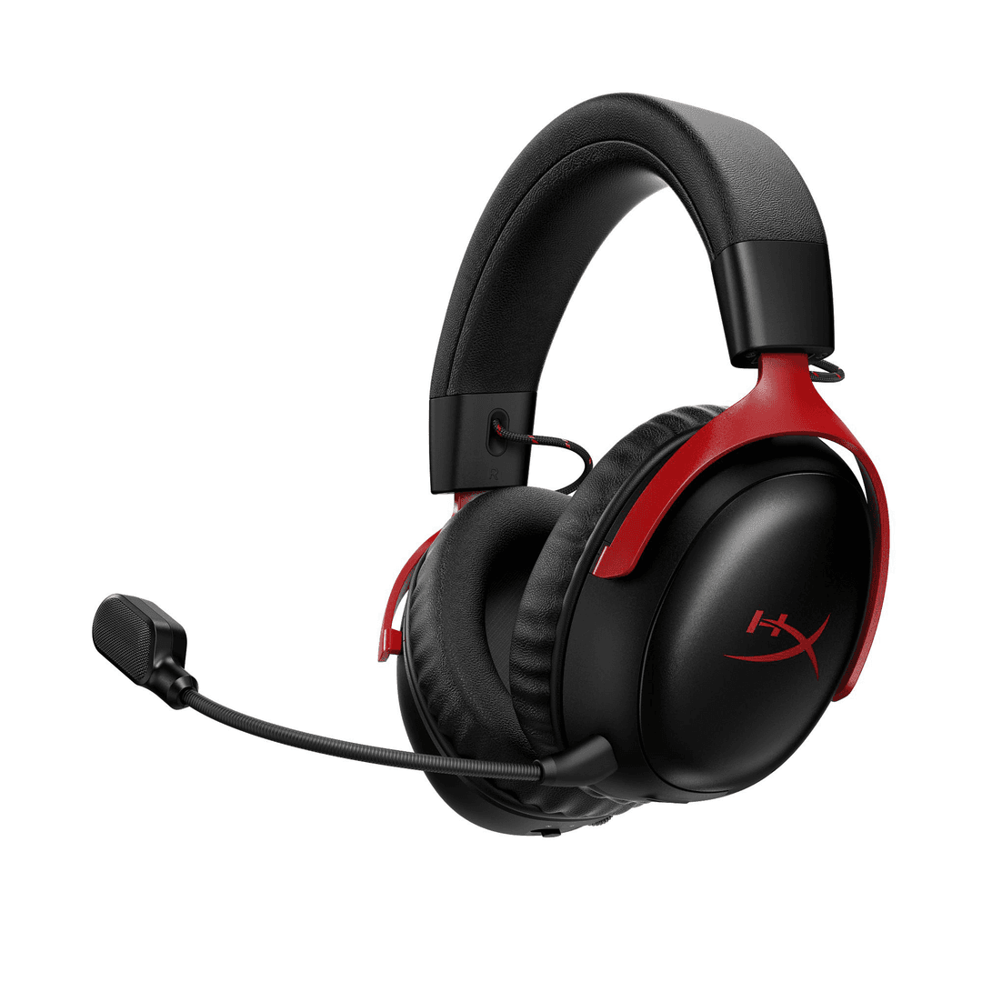 Schwarzes und rotes HyperX Gaming-Headset mit Mikrofon auf weißem Hintergrund.