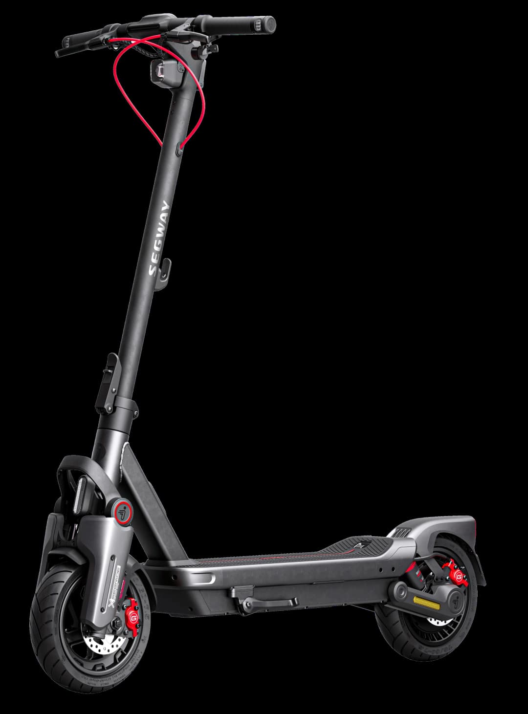 Ein elektrischer Segway-Roller, schwarz und grau. Er hat rote Akzente und ein rotes Kabel. Der Hintergrund ist schwarz.