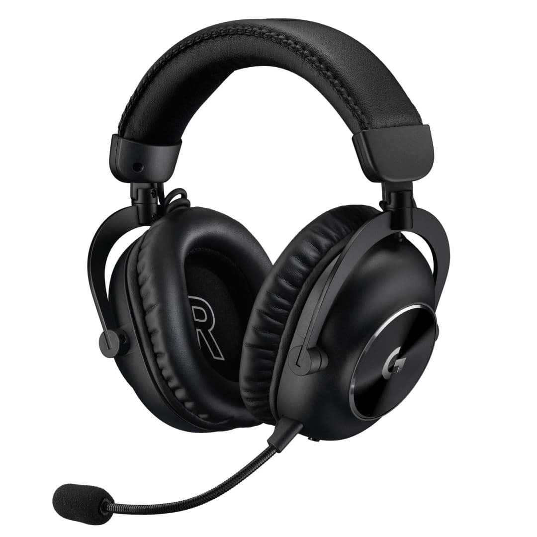 Schwarzes Logitech-Gaming-Headset mit Mikrofon. Es hat ein gepolstertes Kopfband und Ohrmuscheln. Der rechte Hörer hat ein G.