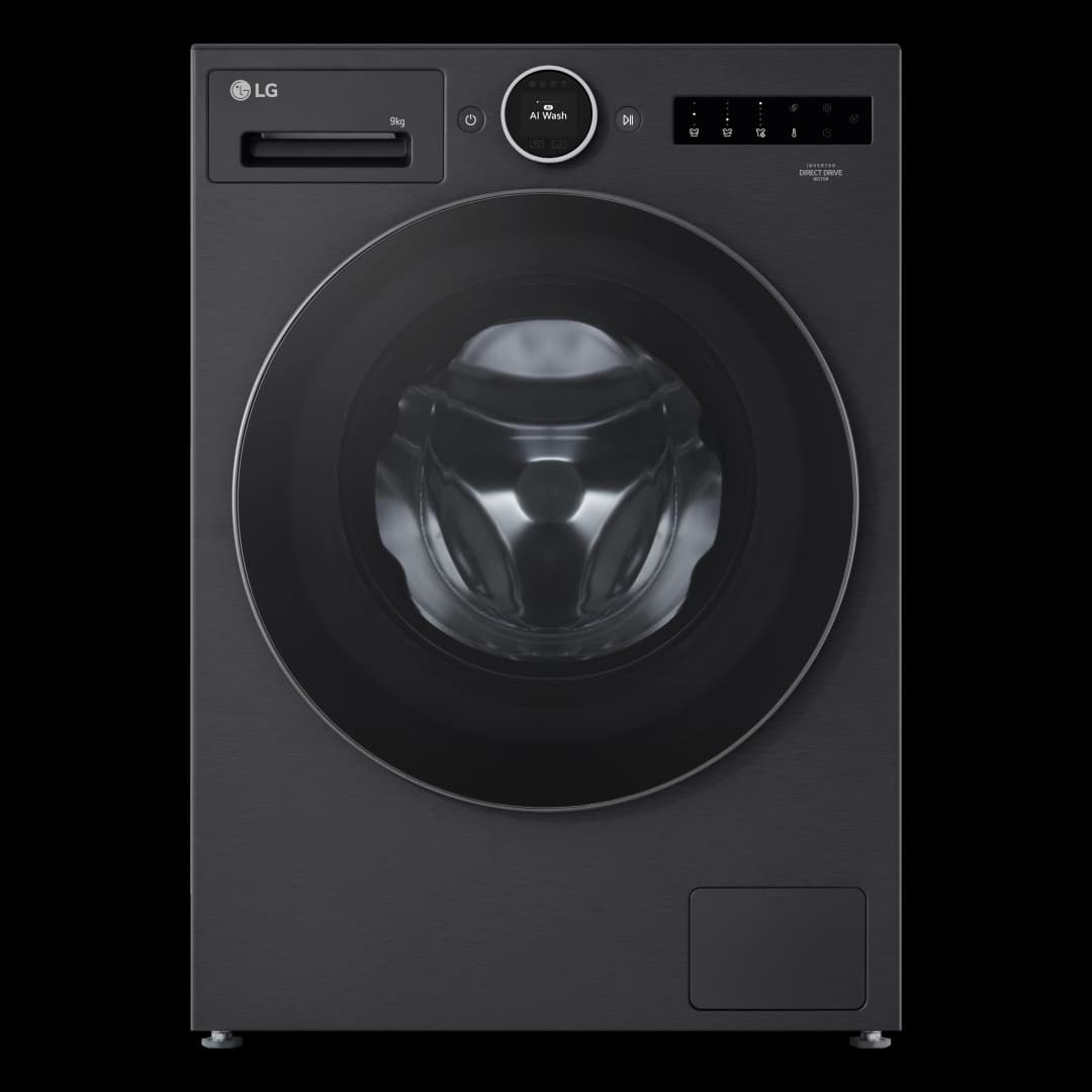 Schwarze LG Waschmaschine. Merkmale sind eine runde Tür, ein Bedienfeld und eine Waschmittelkammer. Die Maschine hat ein Metallic-Finish.
