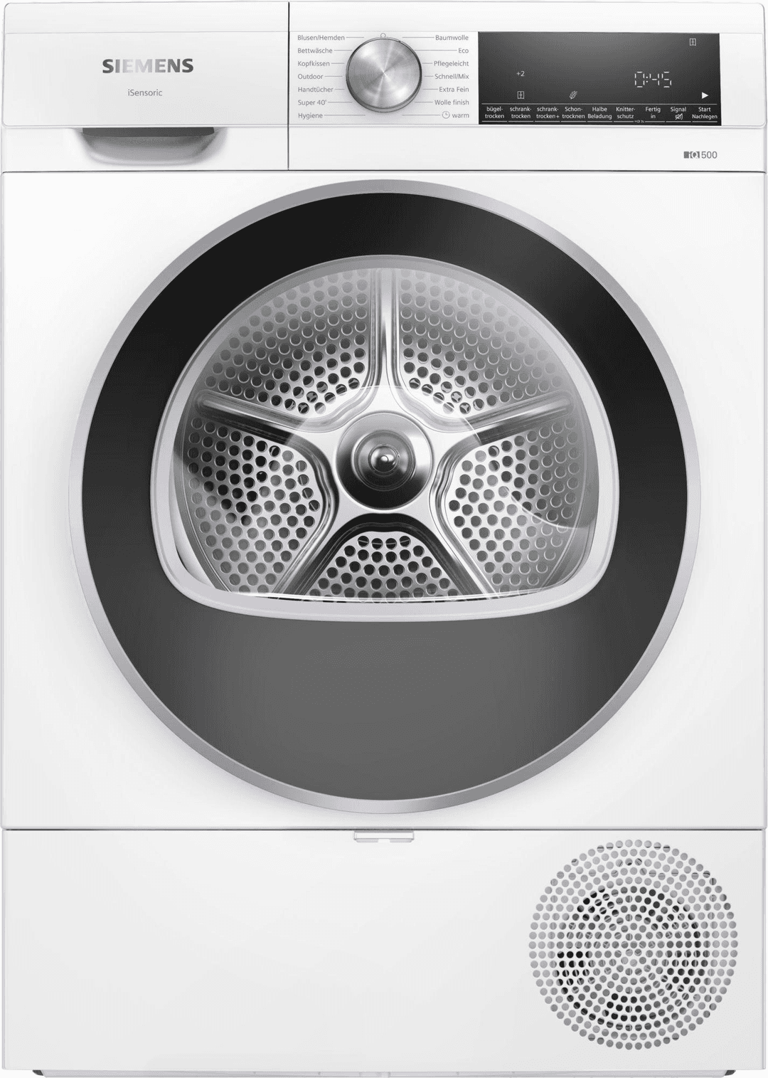 Ein weißer Siemens-Trockner mit runder Tür. Es hat ein Bedienfeld und ein Display mit Einstellungen und Zeit.