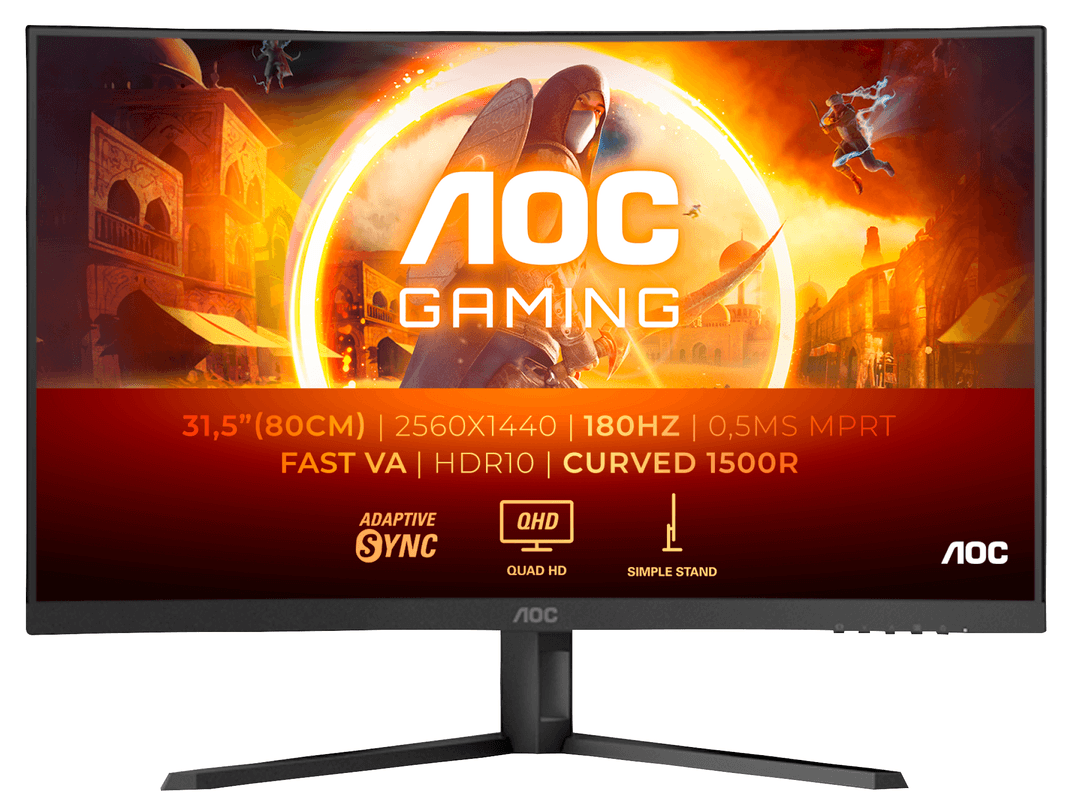 AOC Gaming-Monitor, gebogener Bildschirm, schwarzer Rahmen, Spezifikationen umfassen Größe, Auflösung, Bildwiederholfrequenz und HDR10. Fantasieszene.