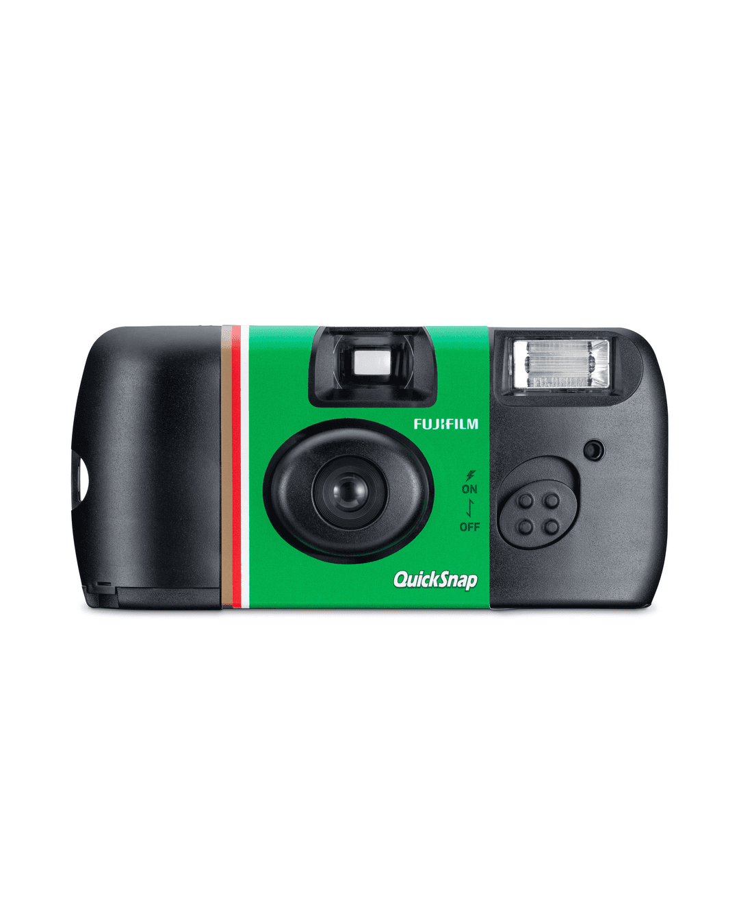 Eine schwarze Fujifilm QuickSnap-Kamera mit grünen, roten und weißen Streifen auf weißem Hintergrund.