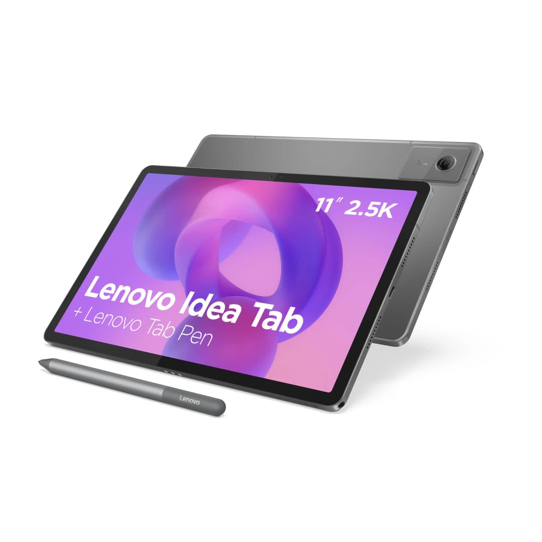 Ein Lenovo Idea Tab-Tablet mit Stift. Der Bildschirm zeigt Text und Grafiken. Der Hintergrund ist weiß.