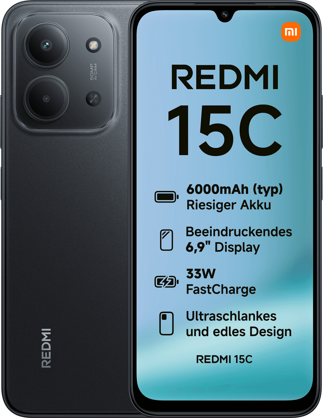 Schwarzes Redmi 15C-Handy. Der Bildschirm zeigt die Funktionen des Telefons. Enthält eine Kamera und das Redmi-Logo.