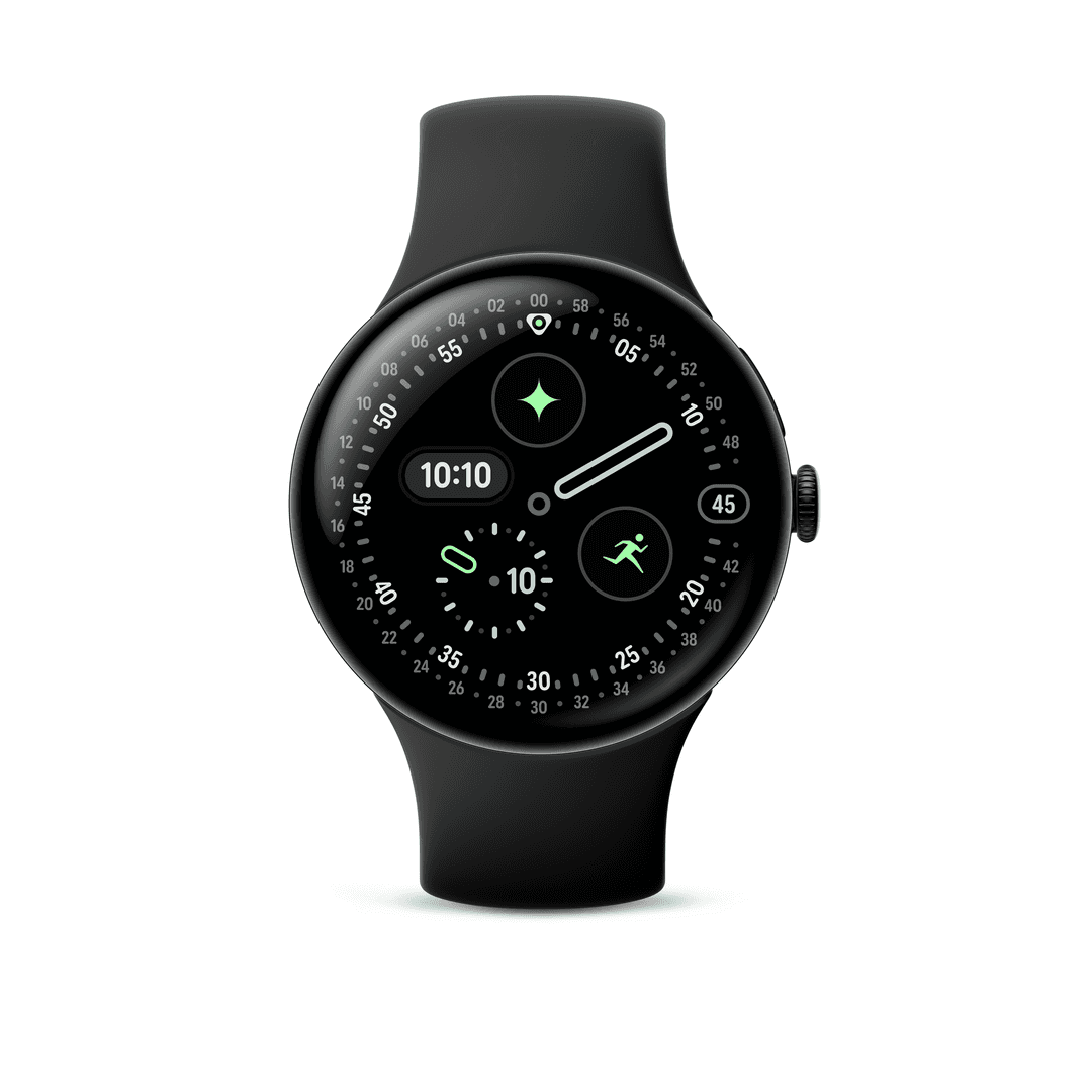 Schwarze Smartwatch mit rundem Zifferblatt, das Zeit und Aktivitätssymbole anzeigt, vor weißem Hintergrund.