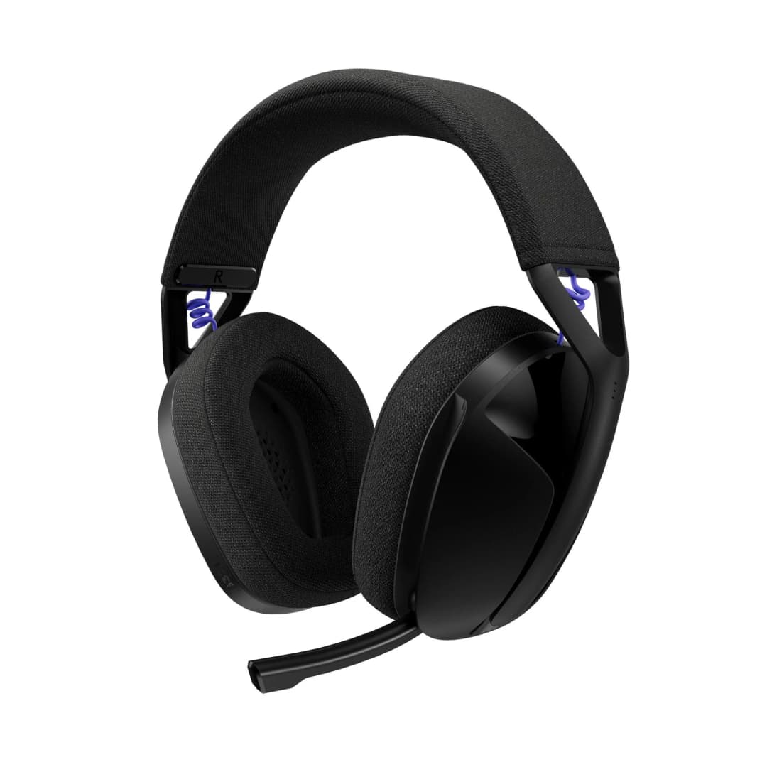 Schwarzes Headset mit Mikrofon. Es hat ein gepolstertes Stirnband und Ohrmuscheln. Blaue Akzente und ein schlankes Design sind sichtbar.