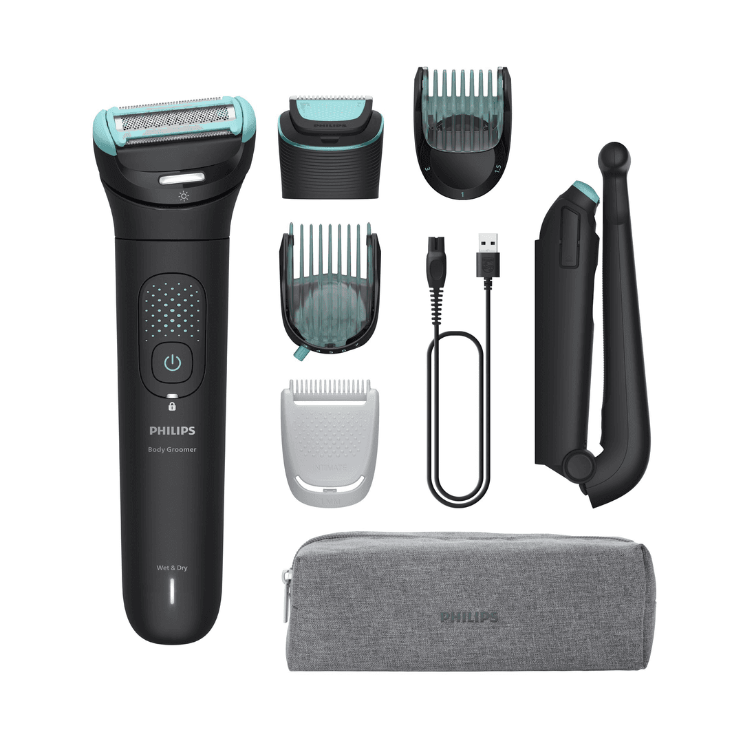 Ein Philips Body Groomer-Set. Enthält das Hauptgerät, Aufsätze, Ladekabel und eine graue Aufbewahrungstasche, alles auf weißem Hintergrund.