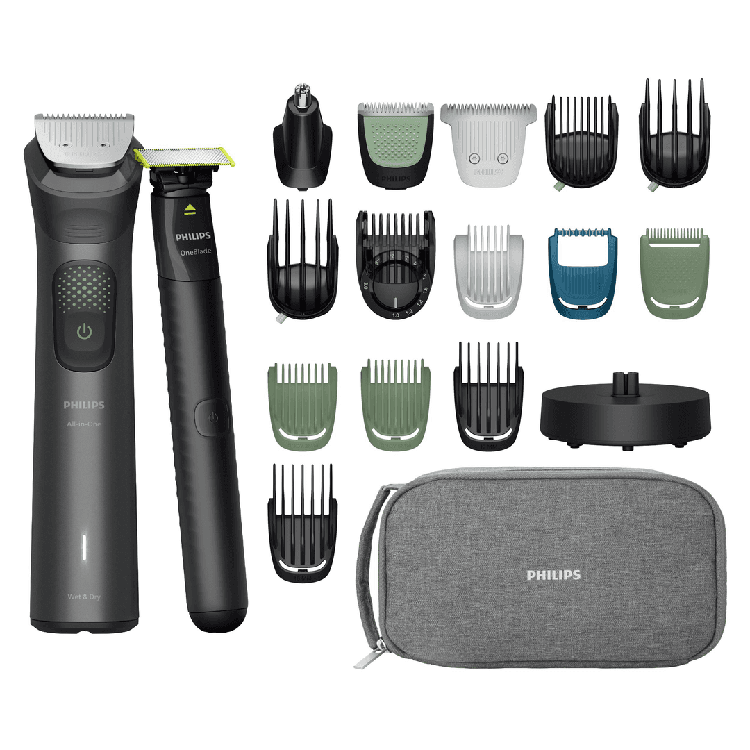 Philips OneBlade und All-in-One Trimmer mit verschiedenen Aufsätzen, Kämmen und einer Reisetasche auf weißem Hintergrund.
