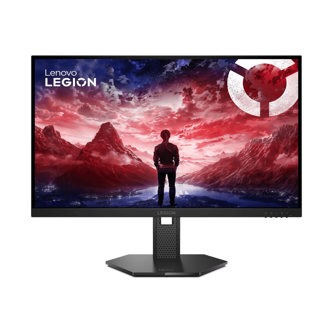 Lenovo Legion Monitor. Person steht vor roter Berglandschaft auf dem Bildschirm. Der Monitor steht auf einem schwarzen Ständer.