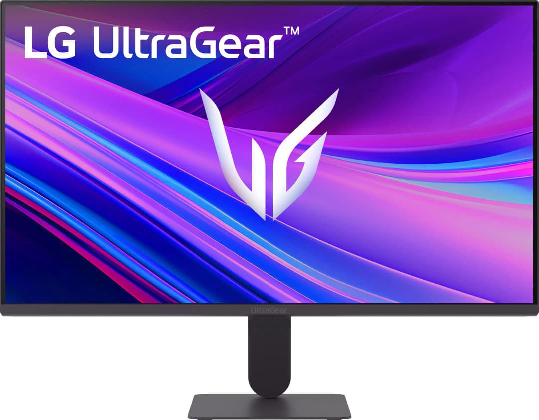 LG UltraGear Monitor. Schwarzer Ständer und Rahmen. Der Bildschirm zeigt ein abstraktes lila-blaues Muster.