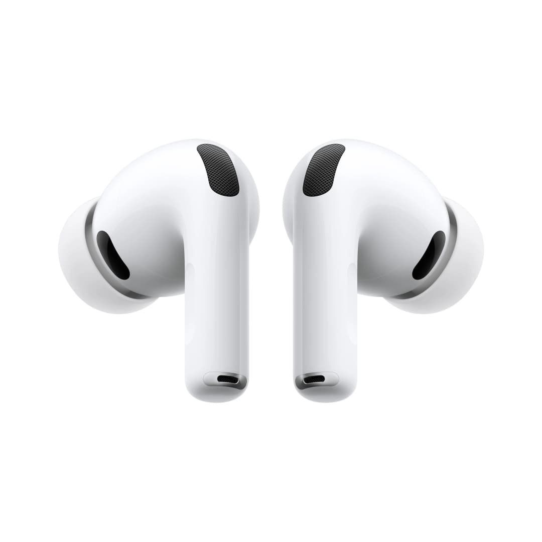 Zwei weiße Apple AirPods Pro-Ohrhörer, abgewinkelt, auf weißem Hintergrund. Jeder hat ein schwarzes Gitter.