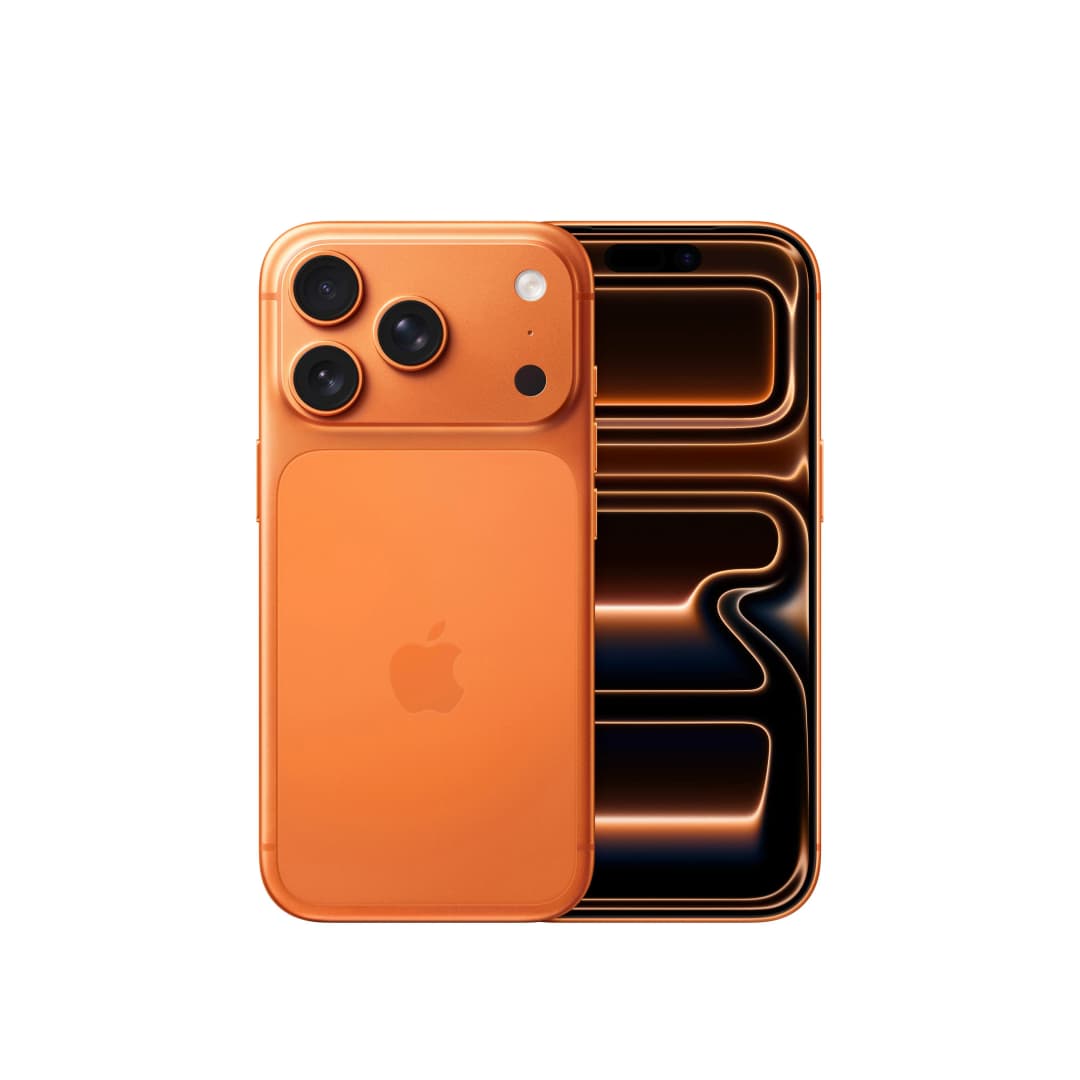 Orangefarbenes iPhone mit Rückseite und Bildschirm. Rückseite mit Apple-Logo, drei Kameras. Bildschirm mit abstraktem Design.