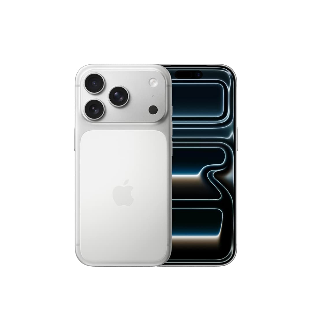 Ein weißes iPhone mit drei Kameras liegt neben einem anderen mit schwarzem Bildschirm. Das Apple-Logo ist sichtbar.
