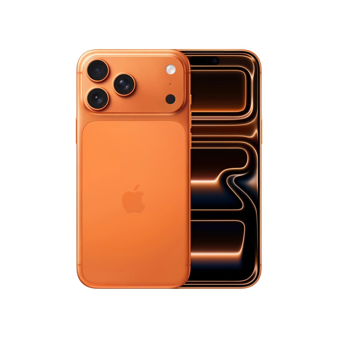 Ein orangefarbenes iPhone, Rückansicht, mit drei Kameras und einem Apple-Logo. Der Bildschirm ist schwarz und gold.