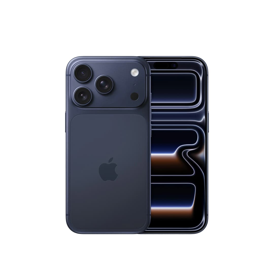 Ein dunkelblaues Smartphone, das die Rückseite mit Kameras und Logo sowie den Bildschirm zeigt. Weißer Hintergrund.