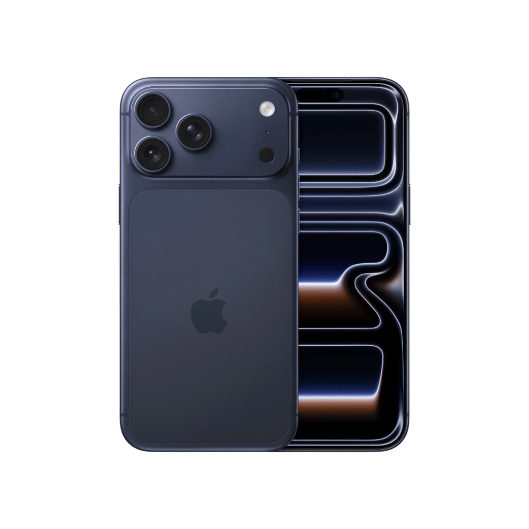 Ein dunkelblaues iPhone mit drei Kameras wird gezeigt, der Bildschirm leuchtet und das Apple-Logo ist sichtbar.