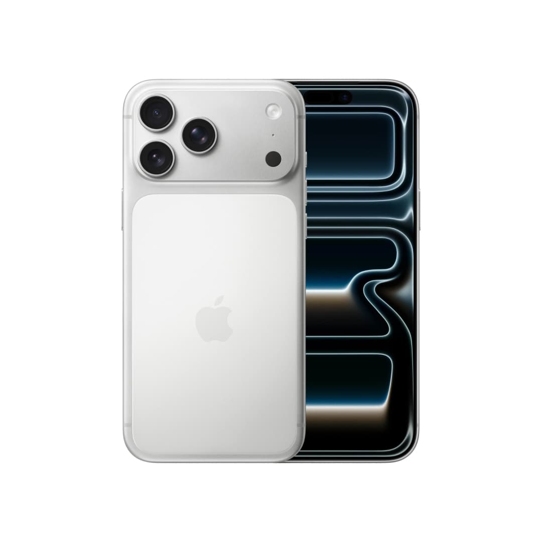 Ein silbernes iPhone zeigt seine Rückseite mit dem Apple-Logo und dem Kameramodul. Der Bildschirm zeigt ein blaues Design.