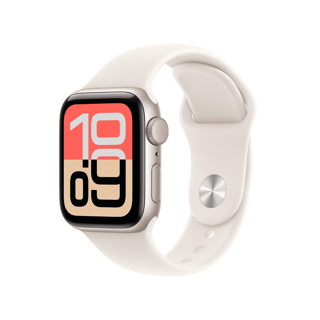 Eine cremefarbene Apple Watch mit cremefarbenem Armband zeigt die Zeit '19:09'. Die Uhr befindet sich auf weißem Hintergrund.