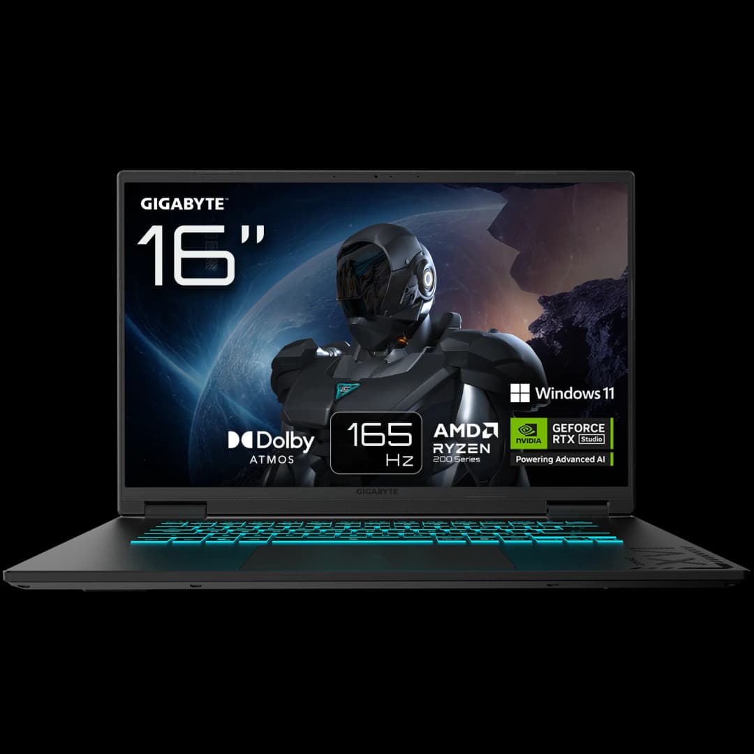 Ein Gigabyte 16"-Laptop ist geöffnet. Der Bildschirm zeigt einen futuristischen Krieger. Die Tastatur leuchtet blau. Logos für Dolby, NVIDIA und AMD sind sichtbar.