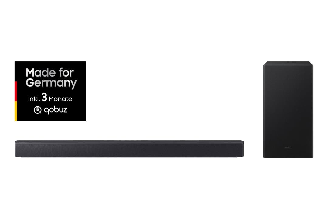 Ein Soundbar- und Subwoofer-Set vor weißem Hintergrund. Es gibt ein 'Made for Germany'-Logo.