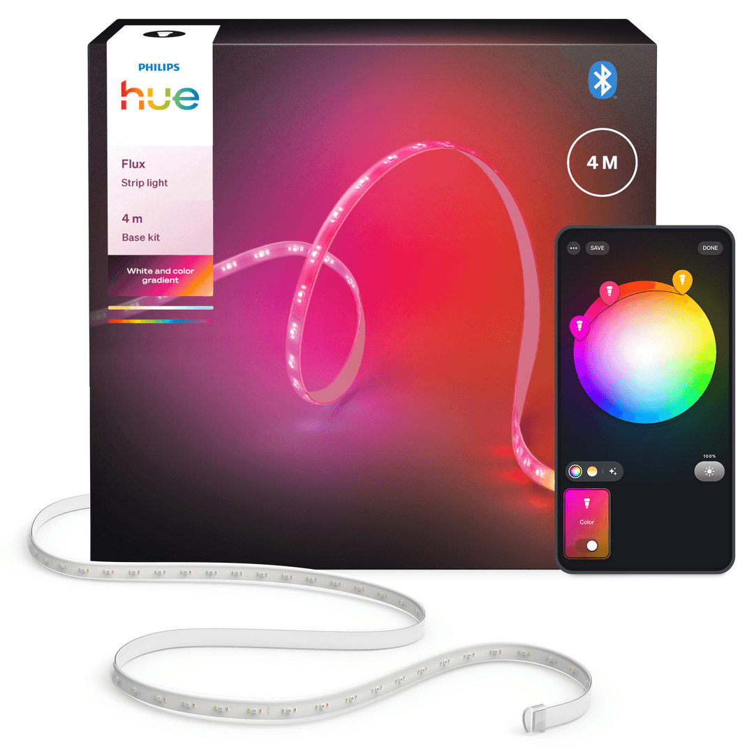 Philips Hue Lichtstreifen-Kit mit Box, Smartphone und Lichtstreifen. Das Telefon zeigt Farboptionen. Der Lichtstreifen ist auf einem Farbverlauf.
