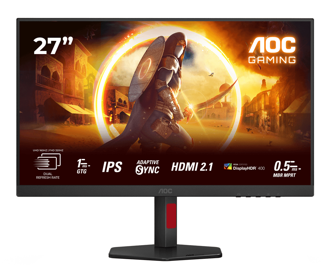 AOC-Gaming-Monitor mit Krieger-Illustration auf dem Bildschirm. Zu den Merkmalen gehören 27", IPS, HDMI 2.1 und DisplayHDR 400.