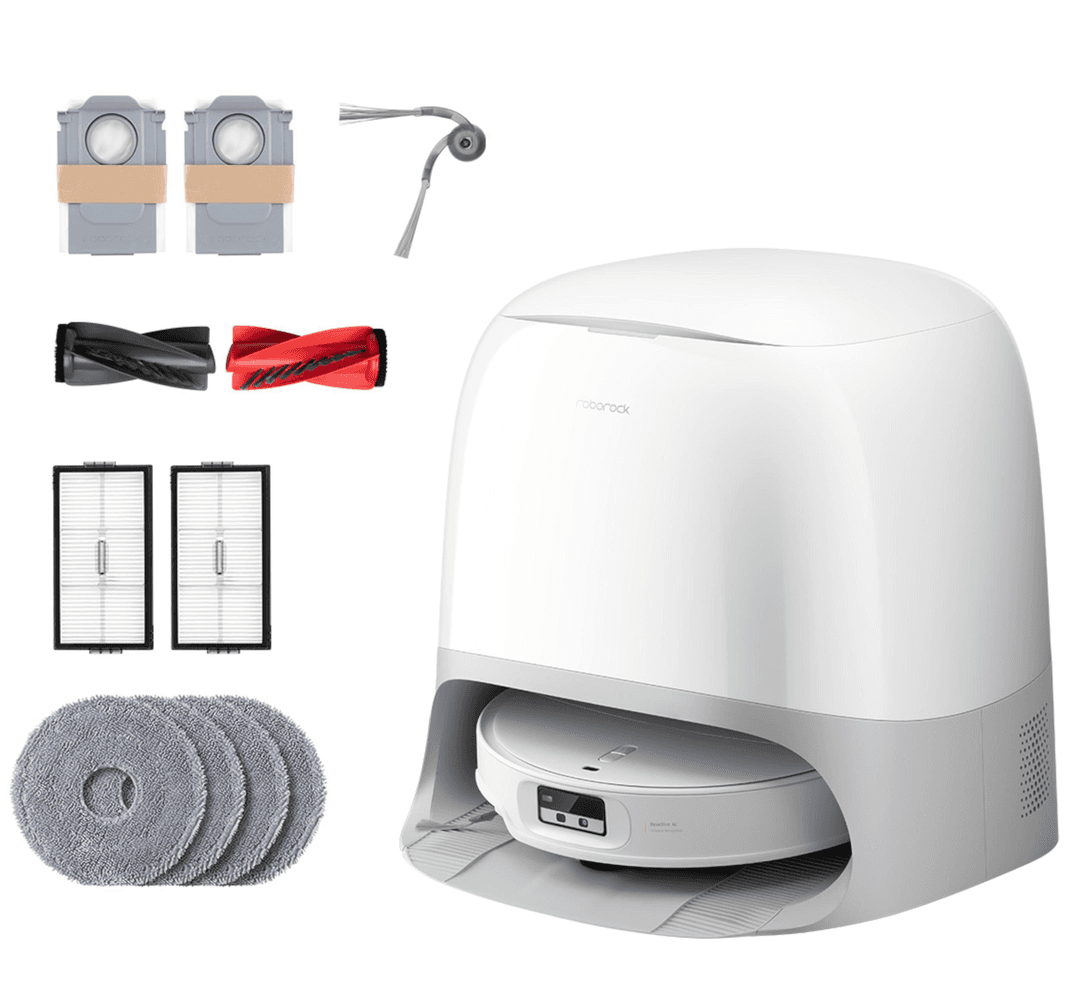 Ein weißer Roboter-Staubsauger mit Zubehör. Zu den Teilen gehören Filter, Bürsten und Wischtücher.