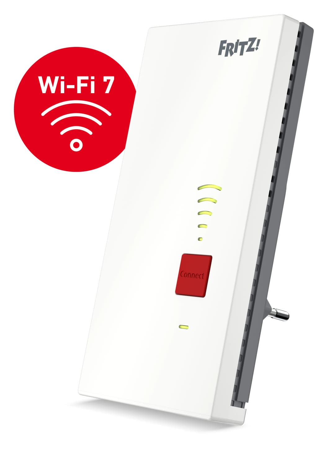 Ein weißer Wi-Fi 7 Repeater mit rotem Wi-Fi 7 Logo. Er hat eine rote Connect-Taste mit Lichtern.