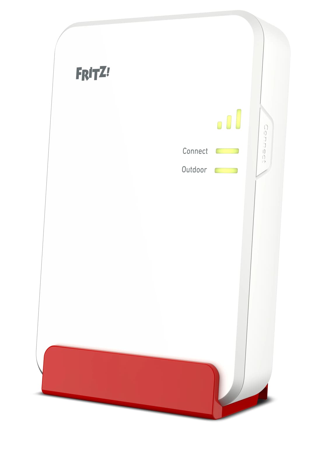 Weiß-roter Router. Die Vorderseite hat das FRITZ!-Logo, Kontrollleuchten und Signalstärkeanzeigen.
