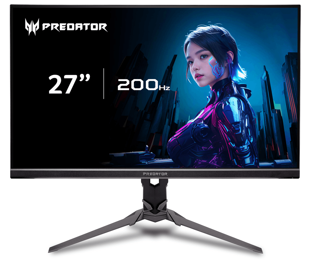 Ein Predator 27" Monitor mit einer Frau auf dem Bildschirm. Der Monitor hat einen Standfuß. Der Hintergrund ist weiß.